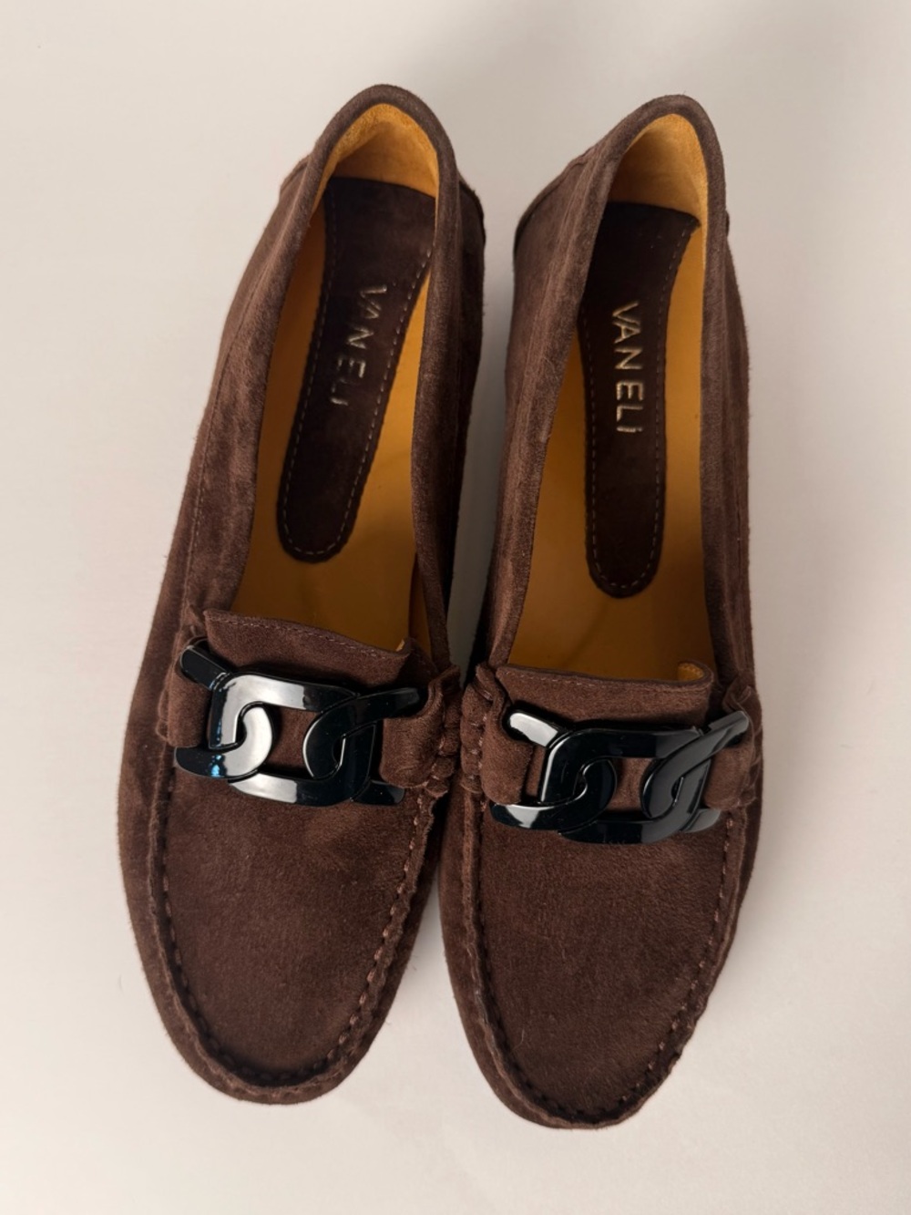 Vaneli Chocolate Brown Suede Moccasins with Black Chain Accent